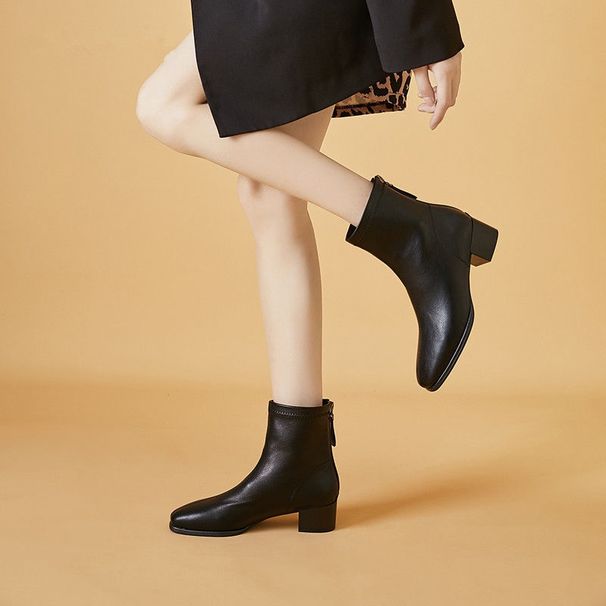 Short Boots Women, Square Toe, Chunky Heel, 2024 New Autumn And Winter Mid-Heel, French Style, White Slim Boots,_vogvips.com