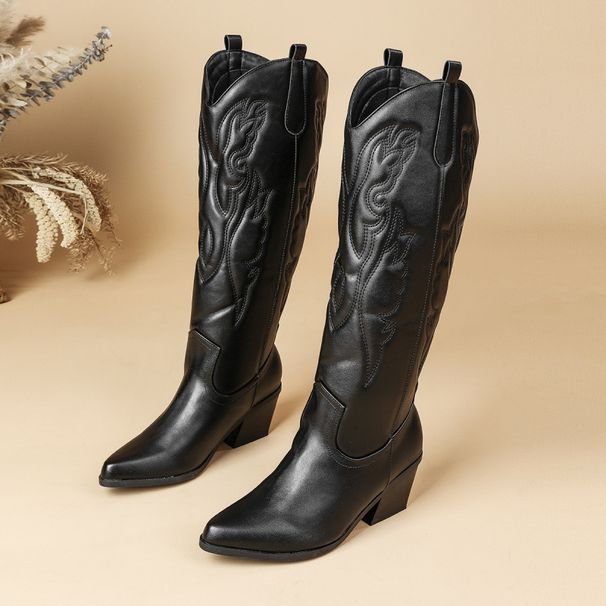 Cross-Border Foreign Trade Thickened Knight Vintage Western Cowboy Boots, Chunky Heel, Pointed Toe, Embroidered Pattern,_vogvips.com