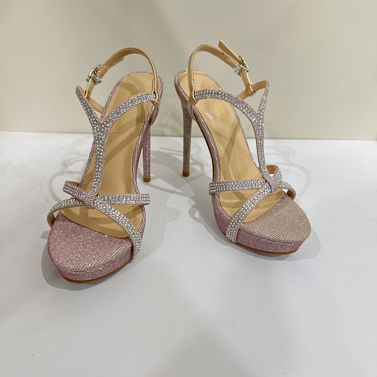 Glitter Pointed Toe Stiletto Heel Sandals With Crystals And Ankle Strap For Women_vogvips.com