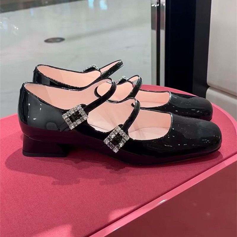2026 Spring New Mary Jane With Chunky Toe, High Heel, Square Buckle, Rhinestone, Patent Leather Women's Shoes_vogvips.com