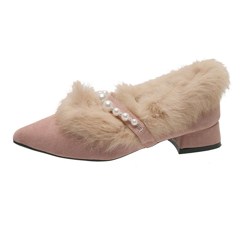 Women Dress Shoes:Fleece Winter Evening Party Wear Pointed Toe Veet Gentle Style High Heel Fashion Comfort Black/Pink_vogvips.com