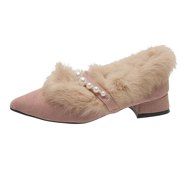 Women Dress Shoes:Fleece Winter Evening Party Wear Pointed Toe Veet Gentle Style High Heel Fashion Comfort Black/Pink_vogvips.com