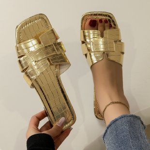 A Word Solid Color Flat Women's Slippers New Classic Stone Pattern Slip-on_vogvips.com