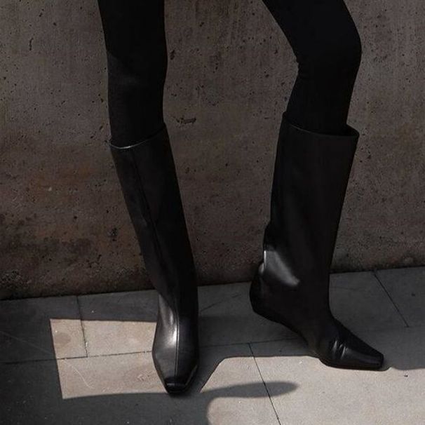 Women's Square Toe Knee-High Boots - Chunky Low Heel Riding Boots | PU Chelsea Boots | Effortless Pull-On Style | Minimalist Mid-Calf Boots_vogvips.com