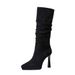 9399-1 Women's Chunky Heel Pointed Toe, High Shaft, Waterproof Platform, Side Zipper, Suede Pleated Stacked Boots,_vogvips.com