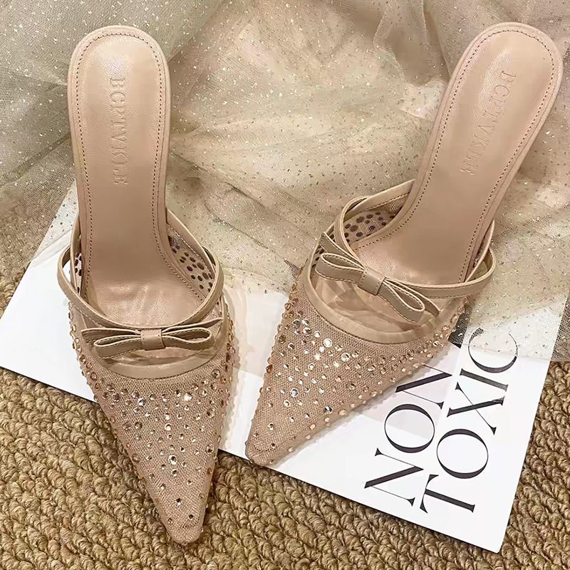 French Beautiful Bag Head Sandals Women's Spring And Summer New Sexy Mesh Rhinestone Bow High Heels Slippers_vogvips.com