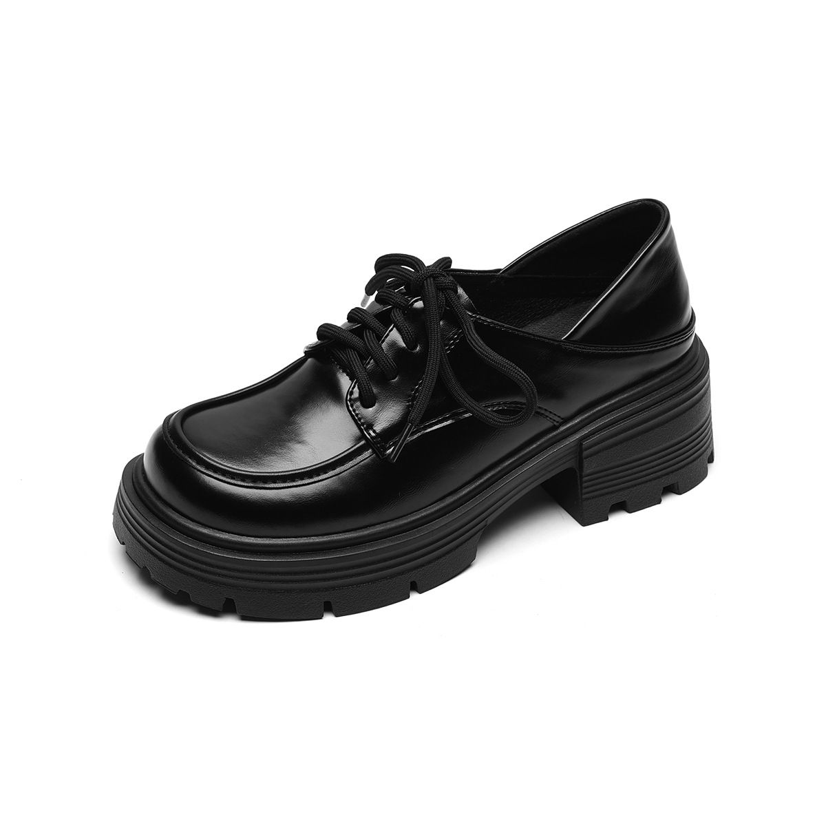 Platform Loafers Women's Laces, One Pedal And Two Single Shoes, Black Retro Small Leather Shoes._vogvips.com
