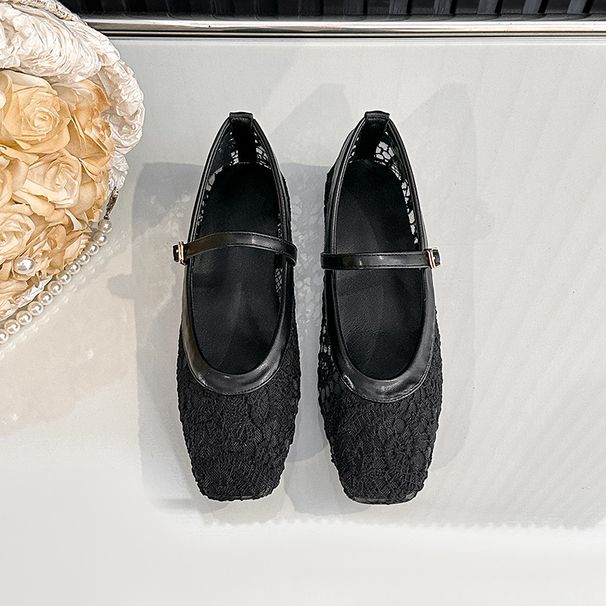 Women Lace Hollow‑Out Mary Jane Ballet Flats, Square Toe Adjustable Buckle Strap Design Breathable Mesh Upper Soft Flat Sole Ballerina Shoes_vogvips.com