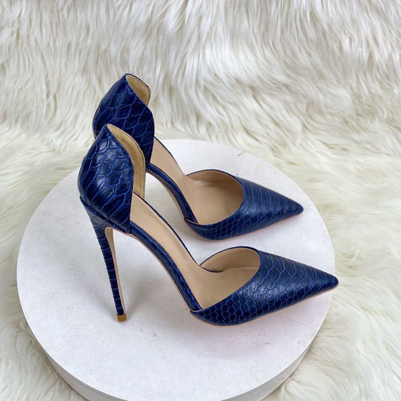 Size33-46 Women's Shoes Blue Snake Pattern High Heels 12CM Pointed Stiletto Hollow Women's Shoes Single Shoes_vogvips.com