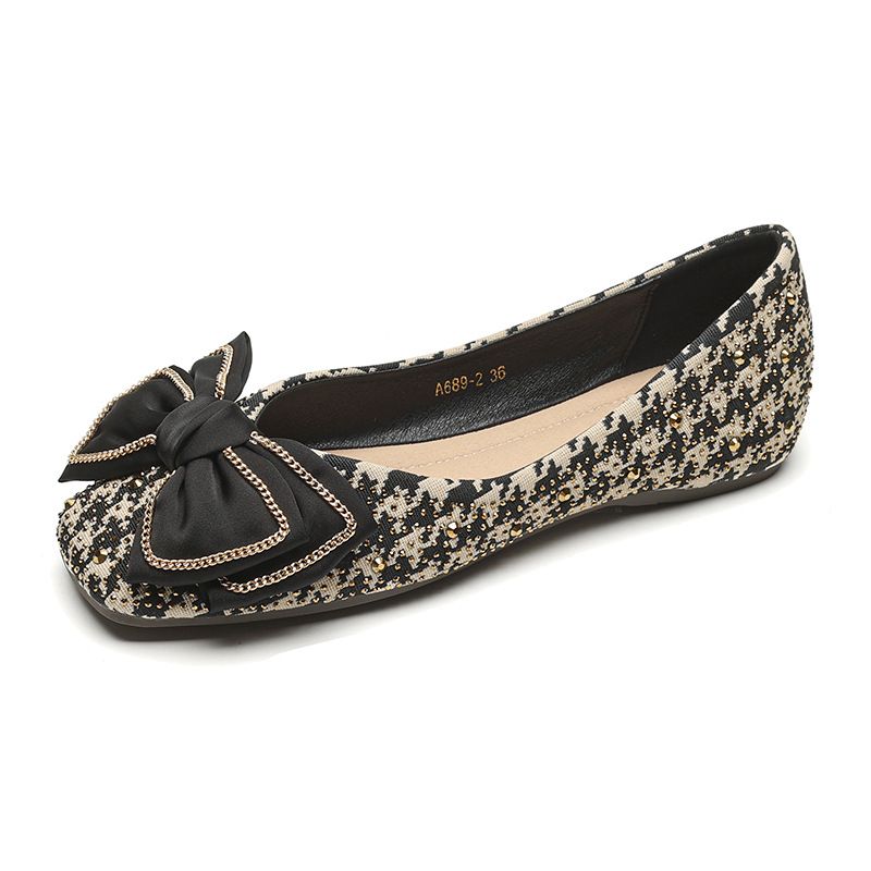 Square Head Single Shoes Women's Flat Bow One Pedal Thousand Bird Grid Soft Sole Shallow Mouth Doudou Shoes_vogvips.com