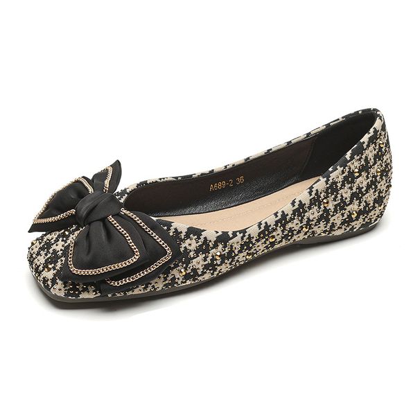 Square Head Single Shoes Women's Flat Bow One Pedal Thousand Bird Grid Soft Sole Shallow Mouth Doudou Shoes_vogvips.com