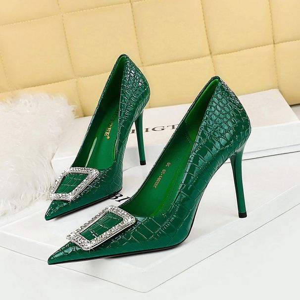 Women's shoes fine heels high heels shallow mouth pointed patent leather snake-print rhinestone buckle single shoes_vogvips.com