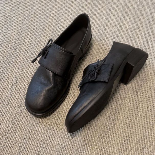 Women's Shoes Vintage Minimalist Slip-On Loafers - Genuine Leather Round-Toe Slip-On Shoes With Low Block Heel For Women_vogvips.com