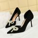 8237-H77 Pointed Fine Side Hollow Water Diamond Pearl Bow Velvet High Heels Single Women's Shoes_vogvips.com