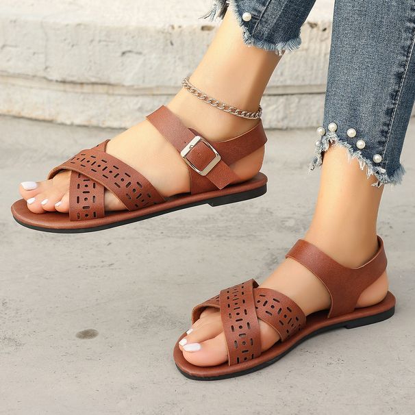 Round Toe 2025 New Plus Size Flat With Hollowed Out Casual Roman Shoes, One Button Open Toed Women's Sandals_vogvips.com