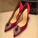 Women's Rhinestone Pointed Toe High Heels Red Satin Low Cut Sexy Wedding Shoes Spring Autumn New_vogvips.com