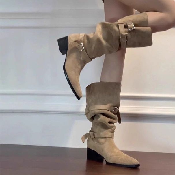 Over-the-Knee For Women 2025 Autumn Winter Khaki Suede Fashion Thick Heel Slimming Ruched Slouch Boots_vogvips.com