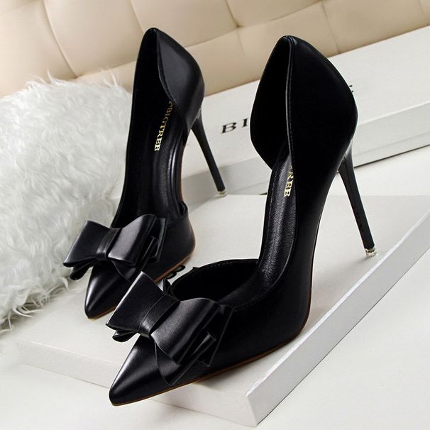 Korean Version Of The Fashion, Elegant, Sweet Bow Fine High Heel Shallow Mouth Pointed Head Side Hollow Single Shoes_vogvips.com