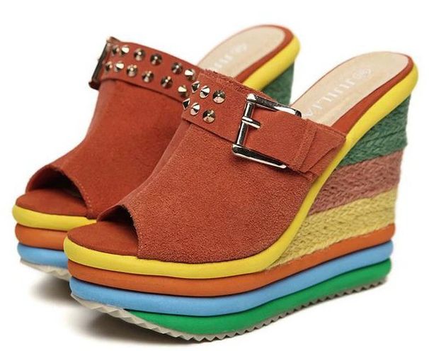 Women’s Shoes New High Heels Platform Shoes Genuine Leather Fish Mouth Slippers Color Matching Rainbow Shoes Waterproof Platform Wedge Sandals_vogvips.com
