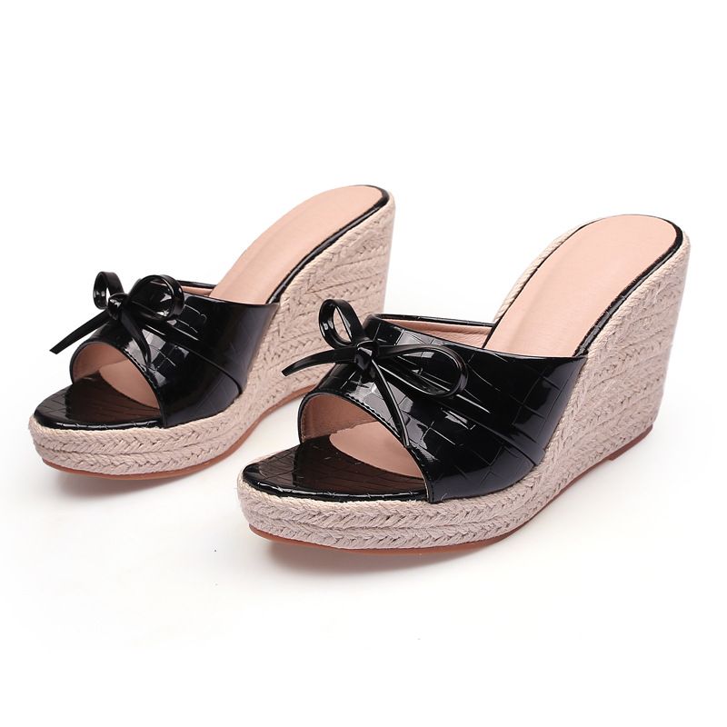 Women's Shoes Summer New Style Wedge Heel Thick Bottom High Heel Slippers Women's Fashionable Thick Heel Open Toe Flip Flops Bowknot Straw Rope Bottom_vogvips.com
