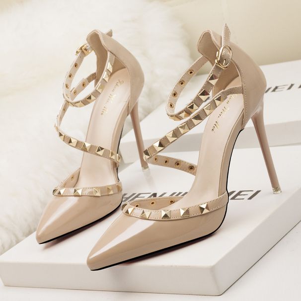 Europe And The United States Simple Sexy Nightclub Stiletto High Heels Shallow Mouth Pointed Rivets Hollow Out One Word_vogvips.com