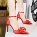 9863-H33 Style High Heels Women's Shoes Shallow Mouth Pointed Hollow Silk Bow Straight Strap High-heeled Sandals_vogvips.com