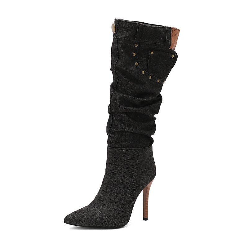 Women Boots Knee High Boots Heel Boots Women Ankle Boots Autumn Winter Short Boots New Side Zipper Rivet Cowboy High Tube Knight Pile Stiletto Large_vogvips.com