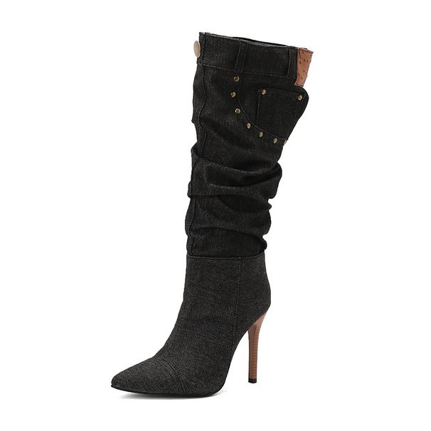 Women Boots Knee High Boots Heel Boots Women Ankle Boots Autumn Winter Short Boots New Side Zipper Rivet Cowboy High Tube Knight Pile Stiletto Large_vogvips.com