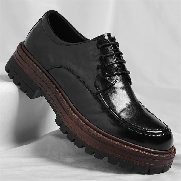 Men's Thick Sole Leather Shoes With Brogue Pattern Comfortable Low Lace-up Round Toe Dress Shoes_vogvips.com
