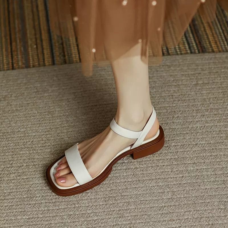 Women’s Shoes Large Size Summer One Word Square Heel Sandals Retro Open Toe Sandals Soft Sole Versatile Single Shoes_vogvips.com