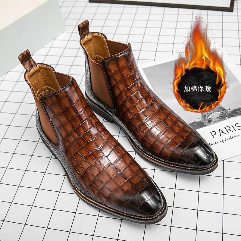 European Warm Series Plus Size Crocodile Pattern High-top Cotton Fashion Men's Business Leather Shoes Fleece-lined Boots_vogvips.com