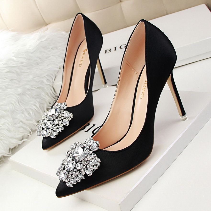 Korean Version Women S Shoes With Thin High Heels Sexy Slimming Shallow Mouthed Pointed Shiny Rhinestone Buckle_vogvips.com