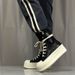 Women's Chunky Platform High-Top Sneakers Gothic Style Lace-Up & Side-Zip Casual Shoes In Black Canvas & Leather Casual Sneakers For Women_vogvips.com