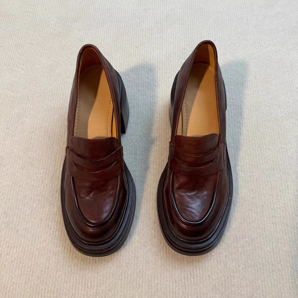 Sheepskin Version Lan Cabinet Thick Sole Chunky Heel Loafers For Women Petite Height Increasing Slip On Simple_vogvips.com
