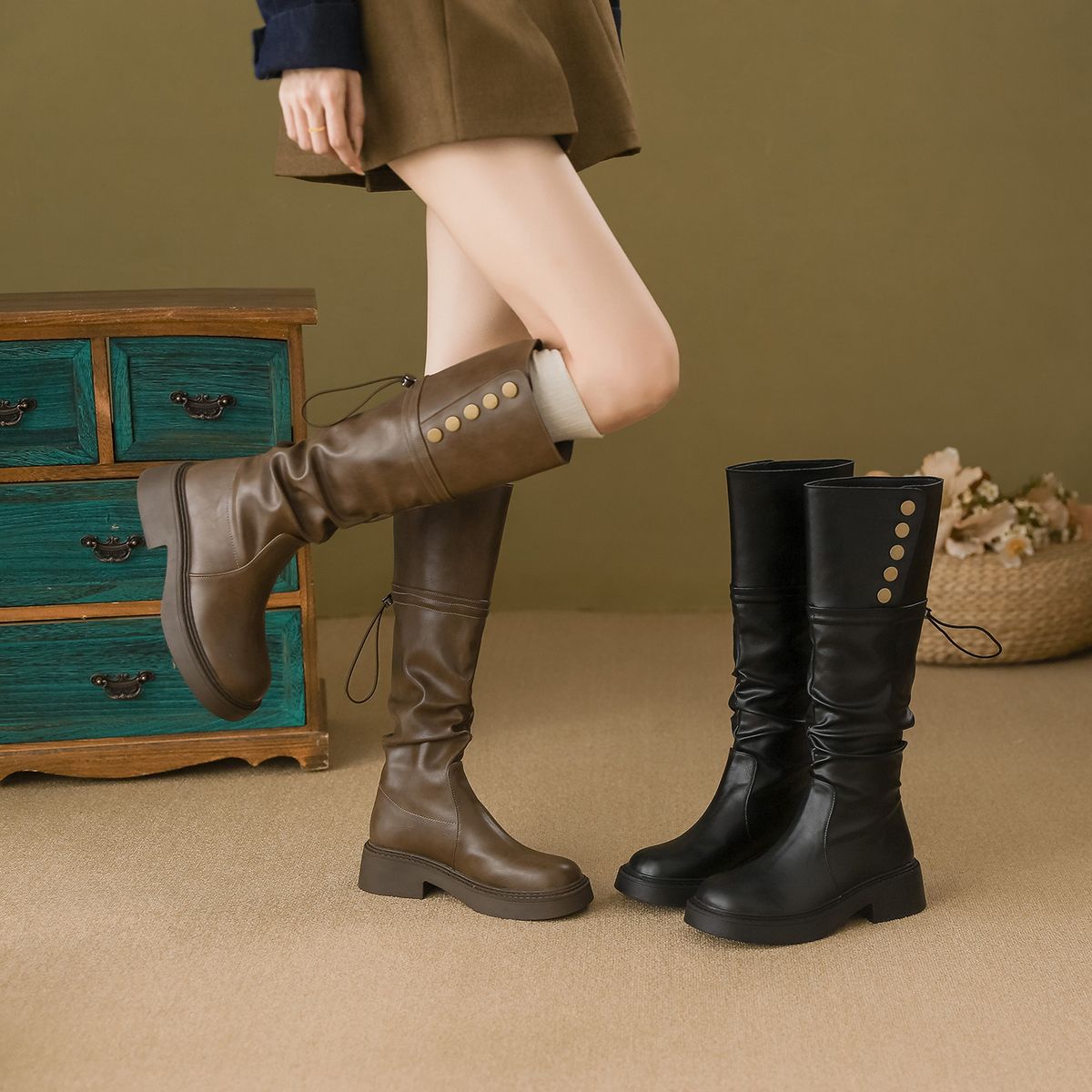 Melard Long For Women 2025 Autumn Winter Over-the-Knee Knight Thick Sole Wrinkled Brown Boots_vogvips.com