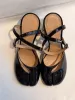 Women Patent Leather Tabi Split Toe Heeled Sandals Ankle Strap Buckle Chunky Block Mid Heel Backless Vintage Mary Jane_vogvips.com