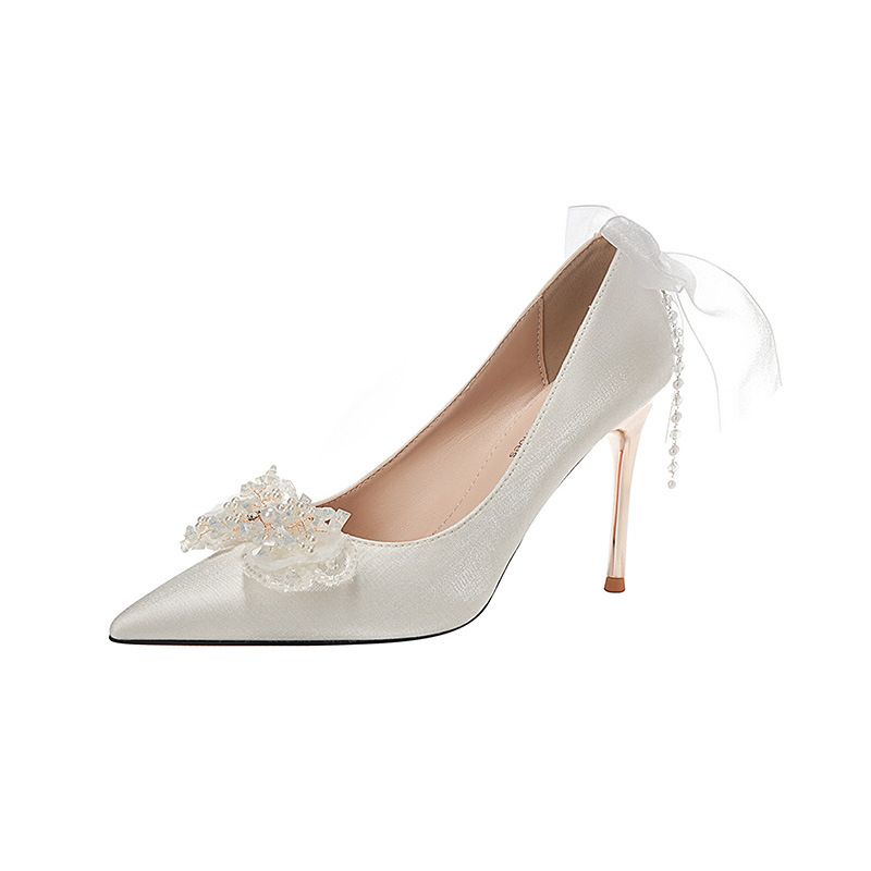 Women's Shoes satin stiletto bow rhinestone white high heels women's shoes wedding banquet wedding shoes bridesmaid shoes_vogvips.com