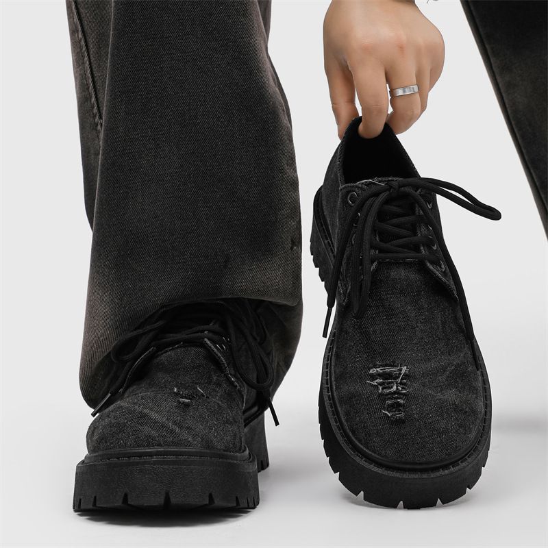 Men's Distressed Denim Derby Shoes - Chunky Sole Punk Style Lace-Up Sneakers For Streetwear & Casual Outfits (Black, EVA Cushioned)_vogvips.com