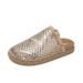 Korean Style Women's Fishnet Sandals Hollowed out Breathable Closed Toe Half Slippers Light Luxury Rhinestone Flat Summer Shoes_vogvips.com