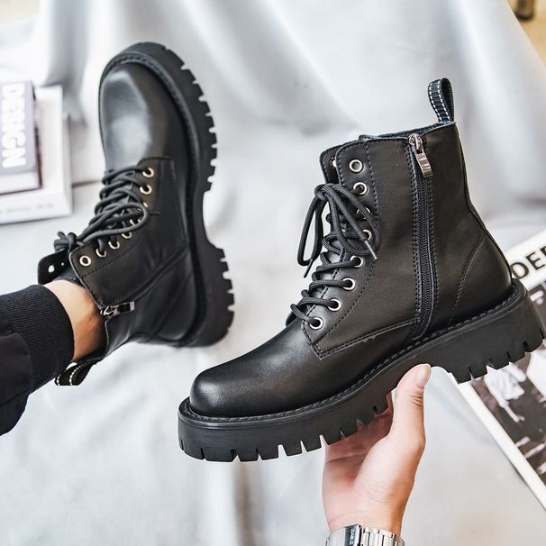 European Warm Series Men's Martin Cowhide British Style Motorcycle Zipper Mid-Calf Work High-Top Leather Shoes Black Short Boots Ins Trend_vogvips.com
