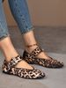 Women Multi‑Pattern Buckle Strap Mary Jane Flat Shoes, Square Toe Faux Leather Leopard Print Closed‑Toe Ballerinas, Soft Lightweight Flat Footwear_vogvips.com