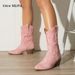 Vintage Pink Cowboy Boots For Women - Pointed Toe Embroidered Mid-Calf Boots With Chunky Heel (Wide Width Available)_vogvips.com