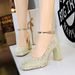 9983-K106 Style Women's With Thick High Heels, Waterproof Platform, Shallow Mouth, Square Toe, Sequins, Straight Strap,_vogvips.com