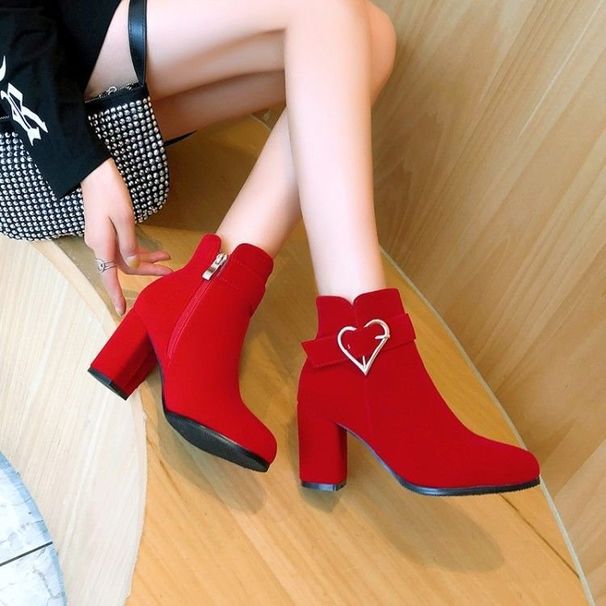 Short Suede Lined Single Boots Round Toe Large Size Autumn Winter New Red Wedding Shoes Chunky Heel High Heels Fashion_vogvips.com