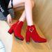 Short Suede Lined Single Boots Round Toe Large Size Autumn Winter New Red Wedding Shoes Chunky Heel High Heels Fashion_vogvips.com