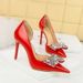 638-H20 Korean Banquet High Thin Heels, Shallow Mouth, Pointed Side Hollow Lacquer Leather, Water Diamond Bow, Single_vogvips.com
