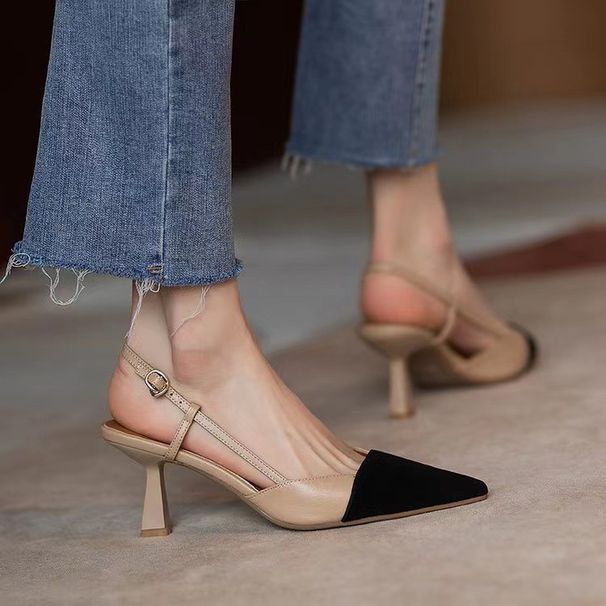 2024 Summer New Peep-Toe French Color Block Little Style Pointed Toe High Heels One-Strap Sandals Thin Heel_vogvips.com