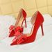 626-H38 Wind High Women's Thin Heels Shallow Mouth Pointed Side Hollow Water Diamond Bow Single Wedding Shoes_vogvips.com