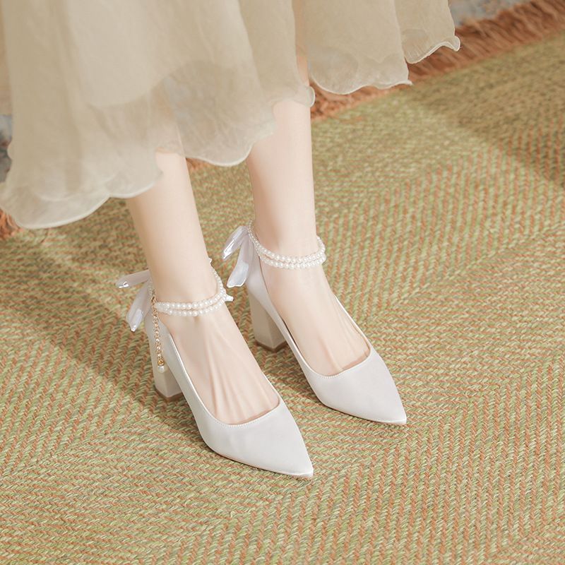 French Style Satin Single Shoes For Women, Daily Wearable White Bridesmaid Bride Matching Wedding Dress Shoes, Chunky_vogvips.com