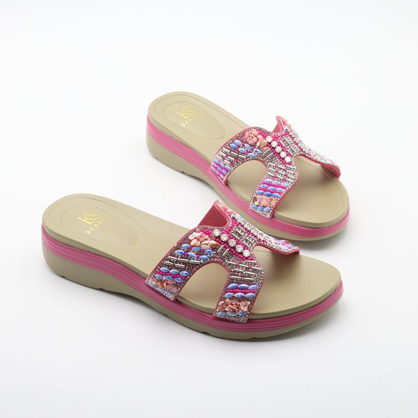 MS Women's Open-Toe Sandals With Rhinestone & Pearl Decorations - Comfortable Mid-Heel Slide Flip Flops For Summer, Casual Wear, Black/Brown_vogvips.com